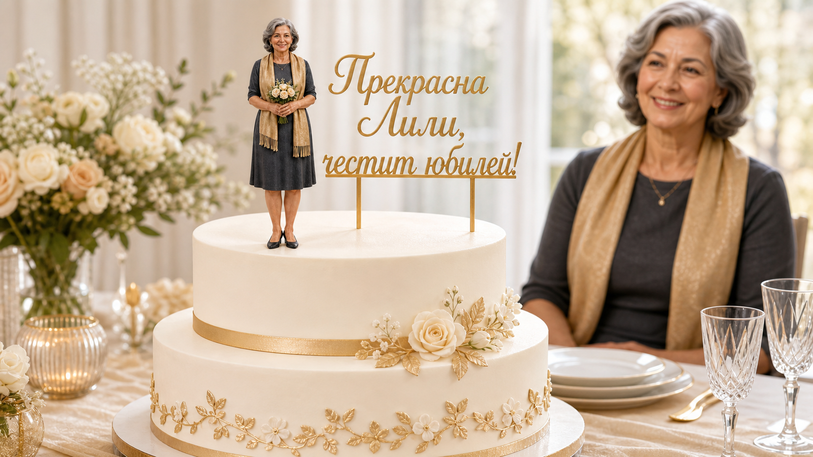 Юбилейна фигурка и надпис върху торта